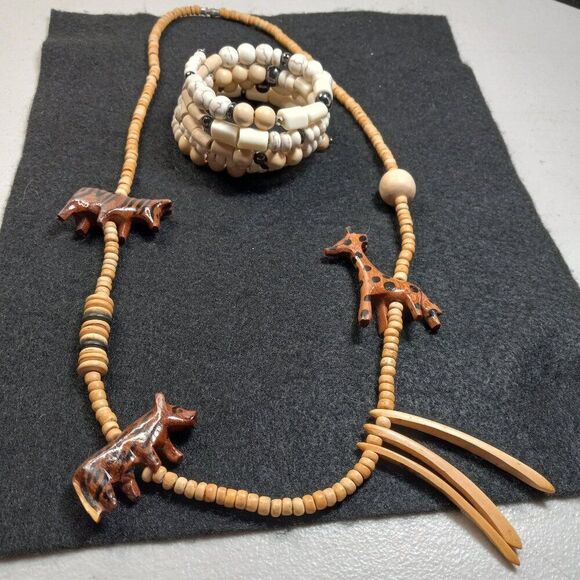 Safari Boho Wooden Animals & Beaded Necklace Wired Beaded Wood/Ceramic Bracelet - Picture 1 of 5
